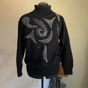 Vintage 80s 90s Retro Patchwork Black Turtleneck Sweater embellished – size S